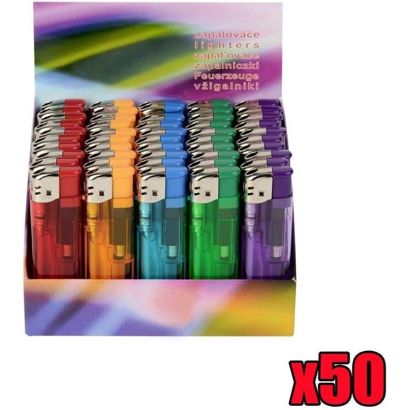 Briquet Electronique Gaz Rechargeable - Lot De 50 - Slim Multicouleur Transparent - FLAMECLUB