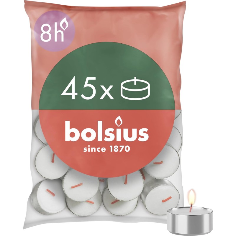 Bolsius D-Light - Lot de 45 Bougies Chauffe-Plat - Dans un Sachet - Durée de Combustion: 8 Heures - Sans Huile de Palme
